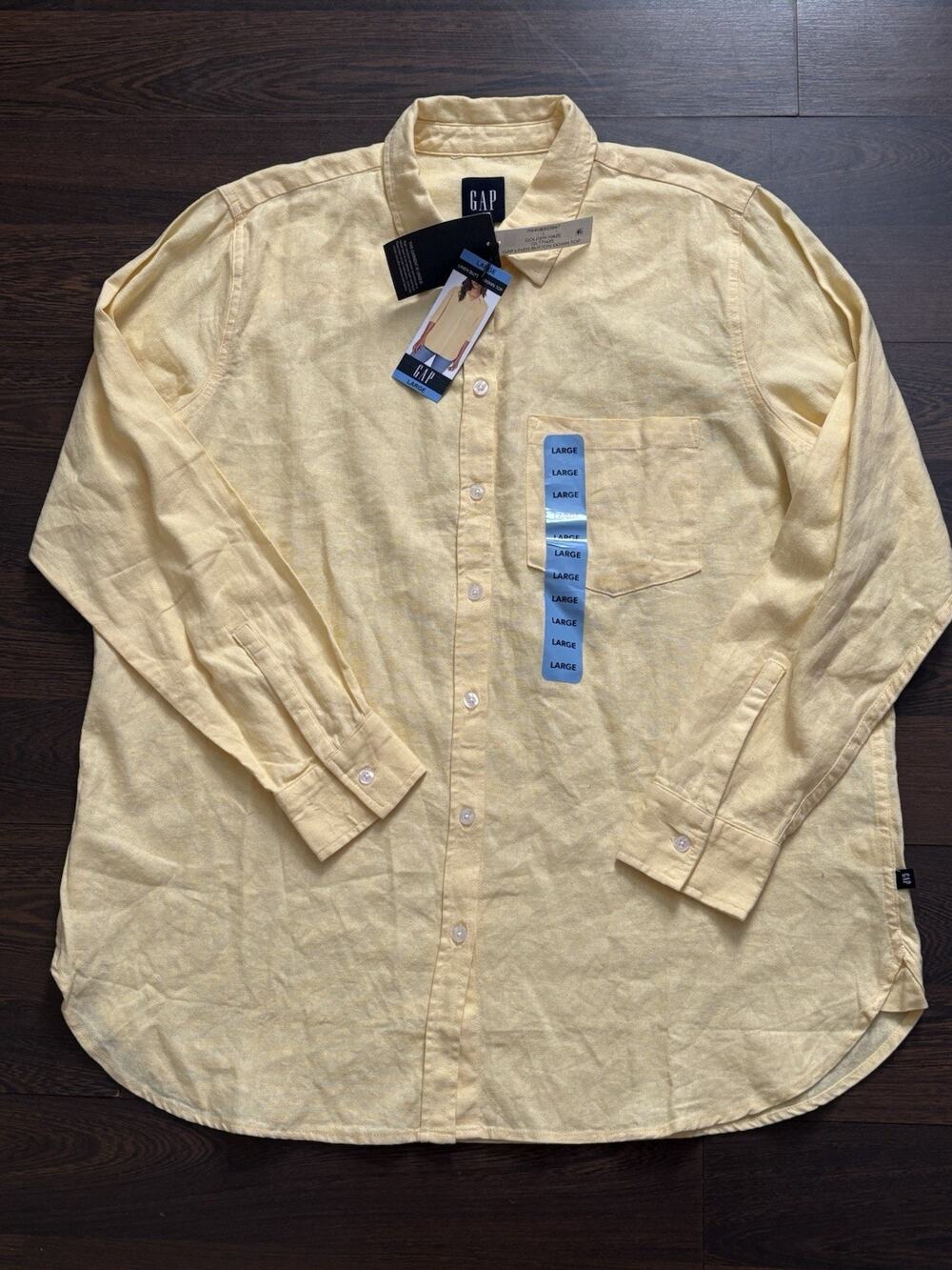 Gap Shirt Yellow Pocket 100 Linen Long-sleeve Gap Logo Mens Size Large